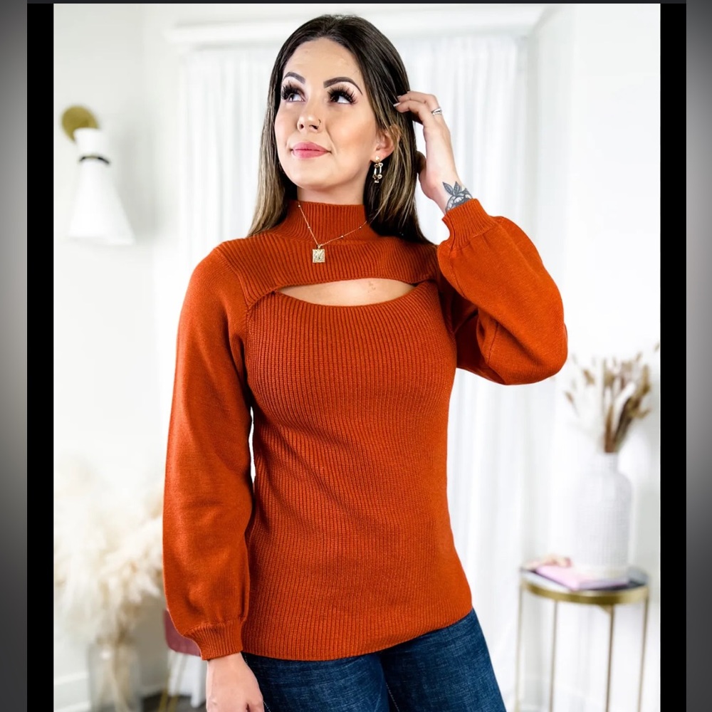 BiBi Long Sleeve‎ Mock Neck With Cut Out Detail Rust Color Size Small
